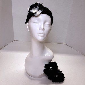 Woman's Handmade Crochet 2 Scrunchies and Flower Headband Black | New